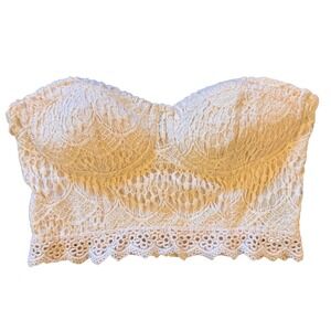 Cream Crochet Lace Strapless Crop Top Smocked Back Zipper S Feminine Coquette